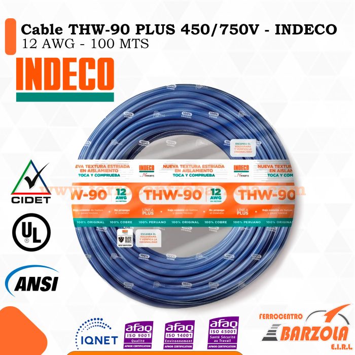 Cable THW-90 PLUS  450/750 V 12 AWG AZUL- INDECO