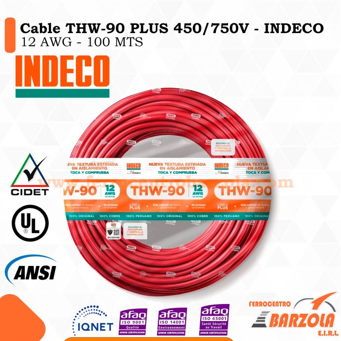 Cable THW-90 PLUS  450/750 V 12 AWG ROJO - INDECO
