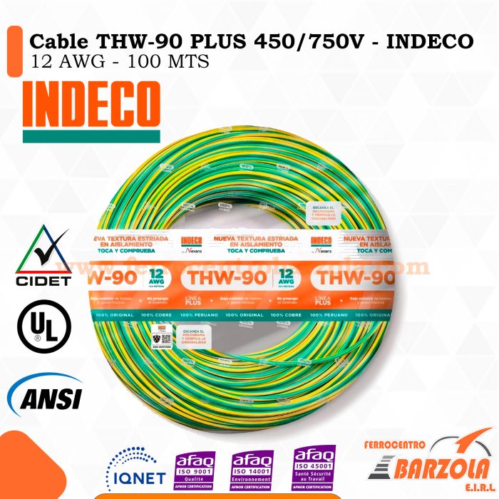 Cable THW-90 PLUS  450/750 V 12 AWG VERDE/AMARILLO - INDECO