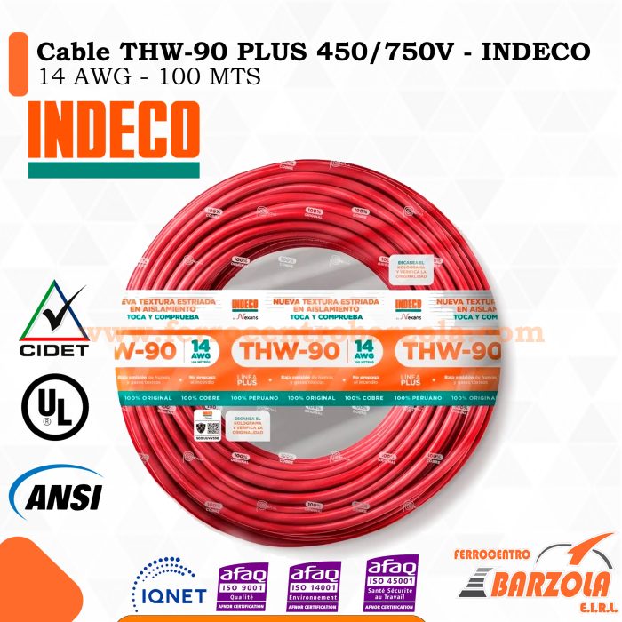 Cable THW-90 PLUS  450/750 V 14 AWG ROJO - INDECO