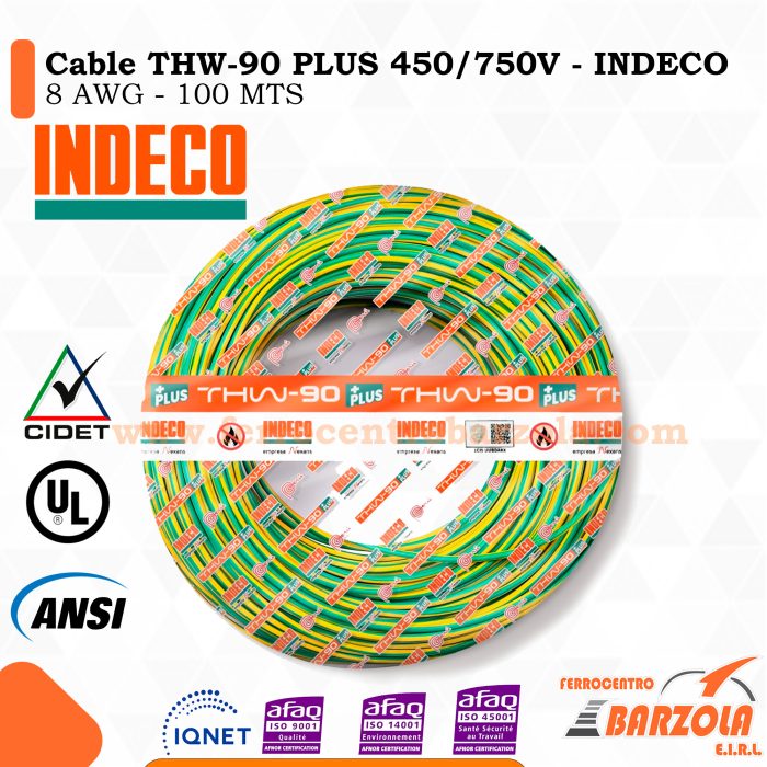 Cable THW-90 PLUS  450/750 V 8 AWG VERDE/AMARILLO - INDECO