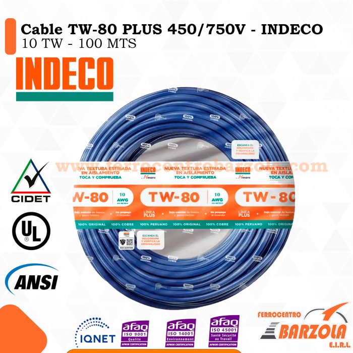 Cable TW-80 PLUS  450/750 V 10 AWG AZUL - INDECO