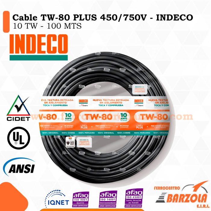 Cable TW-80 PLUS  450/750 V 10 AWG NEGRO - INDECO