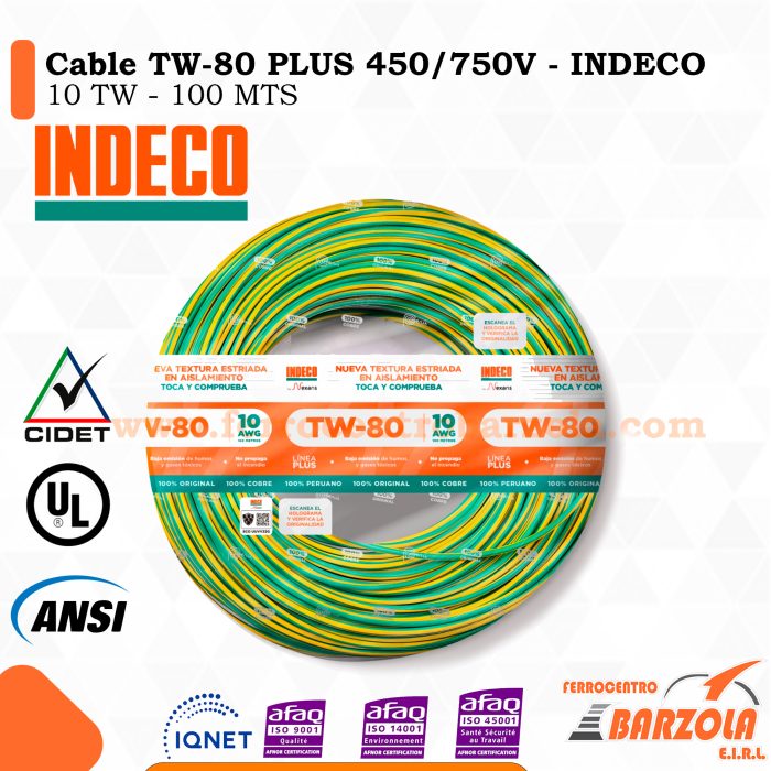 Cable TW-80 PLUS  450/750 V 10 AWG VERDE/AMARILLO - INDECO