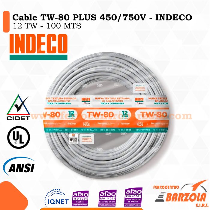 Cable TW-80 PLUS  450/750 V 12 AWG BLANCO - INDECO