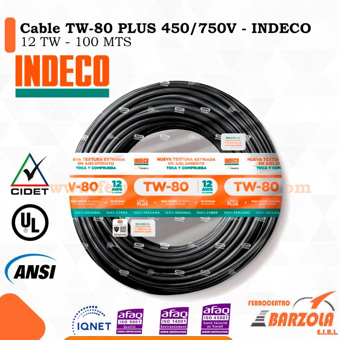 Cable TW-80 PLUS  450/750 V 12 AWG NEGRO - INDECO
