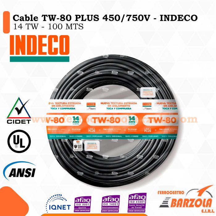 Cable TW-80 PLUS  450/750 V 14 AWG NEGRO - INDECO
