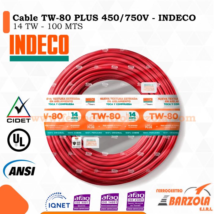 Cable TW-80 PLUS  450/750 V 14 AWG ROJO - INDECO