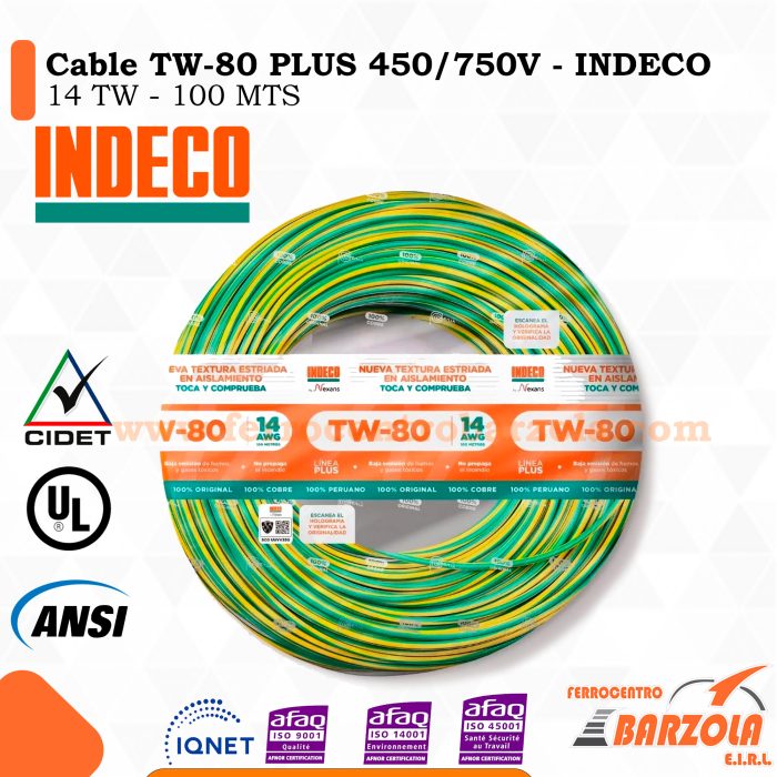 Cable TW-80 PLUS  450/750 V 14 AWG VERDE/AMARILLO - INDECO