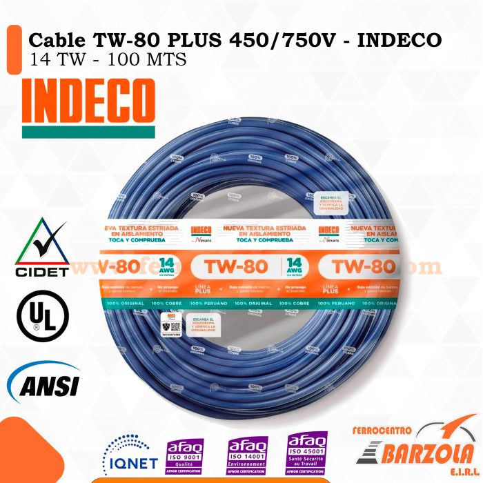 Cable TW-80 PLUS  450/750 V 14 AWG AZUL - INDECO