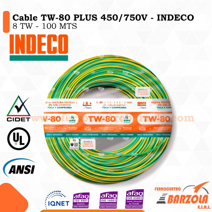 Cable TW-80 PLUS  450/750 V 8 AWG VERDE/AMARILLO - INDECO