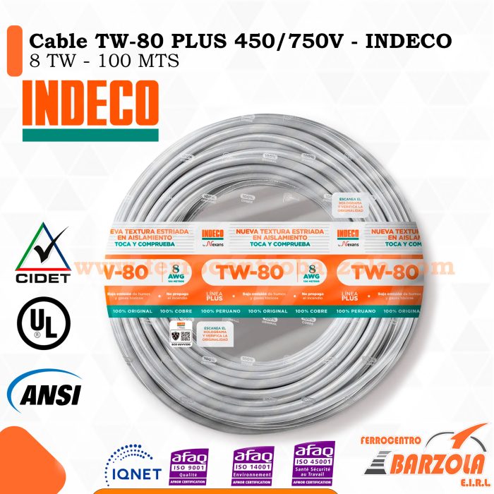 Cable TW-80 PLUS  450/750 V 8 AWG BLANCO - INDECO