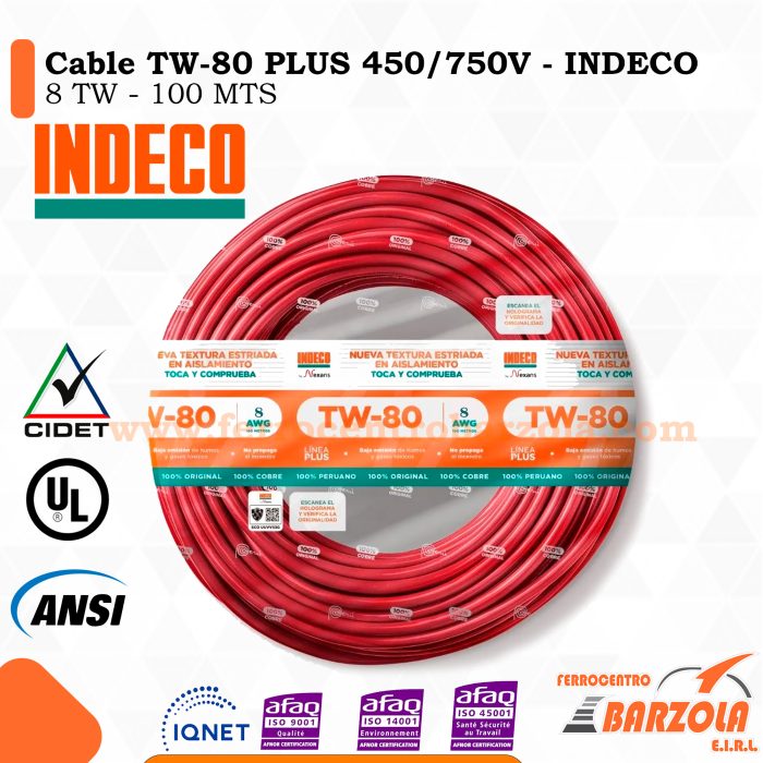 Cable TW-80 PLUS  450/750 V 8 AWG ROJO - INDECO