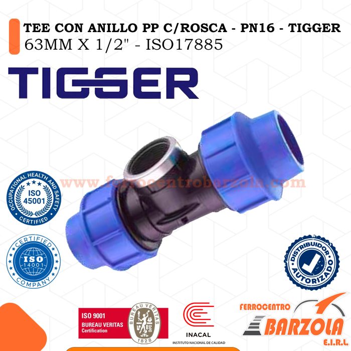 Tee Con Anillo PP Con Rosca 63MM X 1/2" - PN16 - TIGGER
