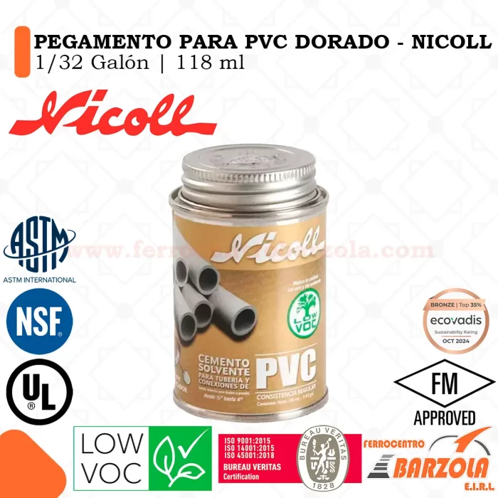Pegamento Para PVC Dorado 1/32 Galón 118ml - NICOLL