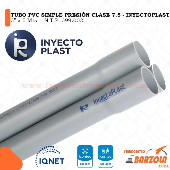 Tubo PVC SP 3" x 5mts Clase 7.5  - INYECTOPLAST