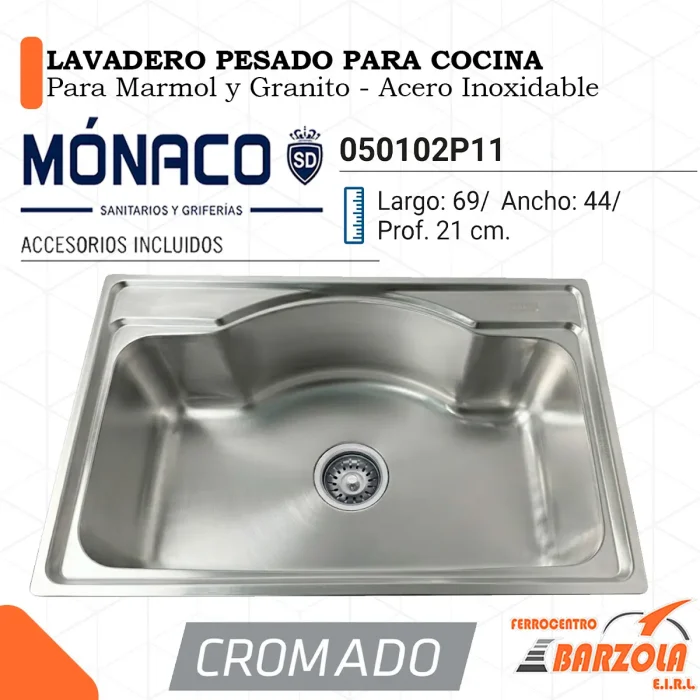 Lavadero PESADO Para Cocina / Para Marmol y Granito / Acero Inoxidable - MÓNACO