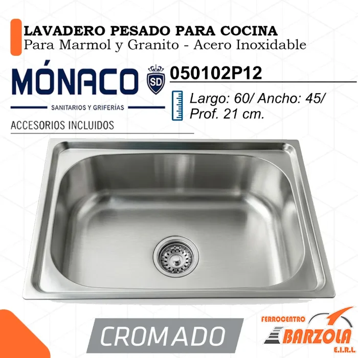 Lavadero PESADO Para Cocina / Para Marmol y Granito / Acero Inoxidable - MÓNACO