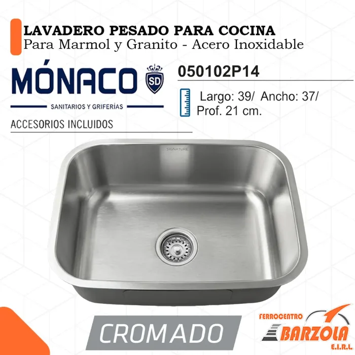 Lavadero PESADO Para Cocina / Para Marmol y Granito / Acero Inoxidable - MÓNACO