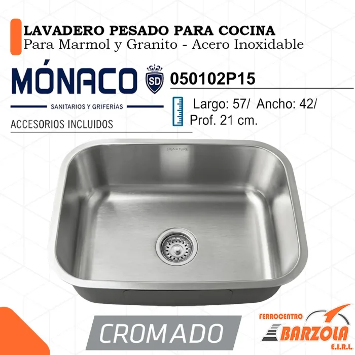 Lavadero PESADO Para Cocina / Para Marmol y Granito / Acero Inoxidable - MÓNACO