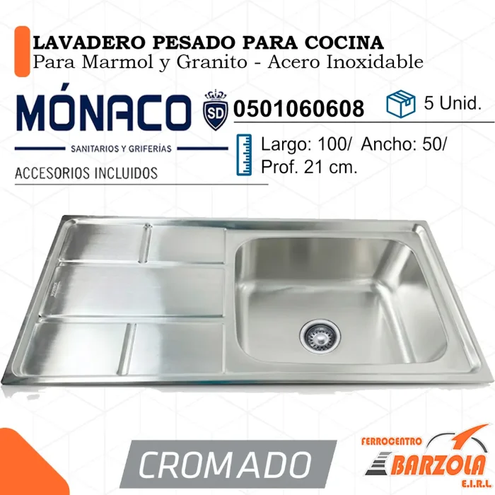 Lavadero PESADO Cocina para Marmol y Granito / Acero Inoxidable - MÓNACO