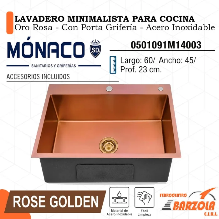 Lavadero Minimalista Para Cocina / ROSE GOLDEN / Porta Grifería / Acero Inoxidable - MÓNACO
