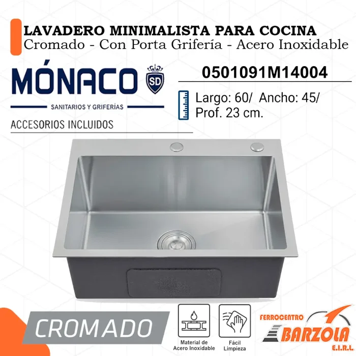 Lavadero Minimalista Para Cocina / CROMADO / Porta Grifería / Acero Inoxidable - MÓNACO