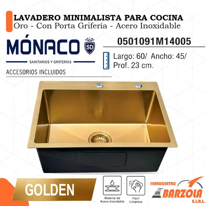 Lavadero Minimalista Para Cocina / GOLDEN / Porta Grifería / Acero Inoxidable - MÓNACO