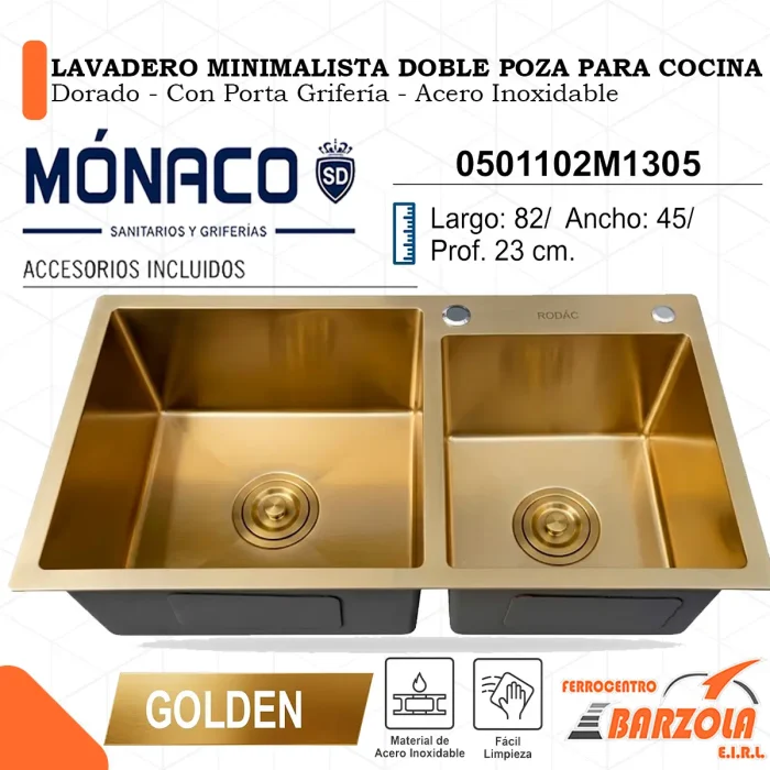 Lavadero Minimalista Doble Poza Para Cocina / GOLDEN / Porta Griferia / Acero Inoxidable - MÓNACO