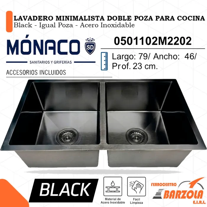Lavadero Minimalista Doble Poza Para Cocina / BLACK / Igual Poza / Acero Inoxidable - MÓNACO