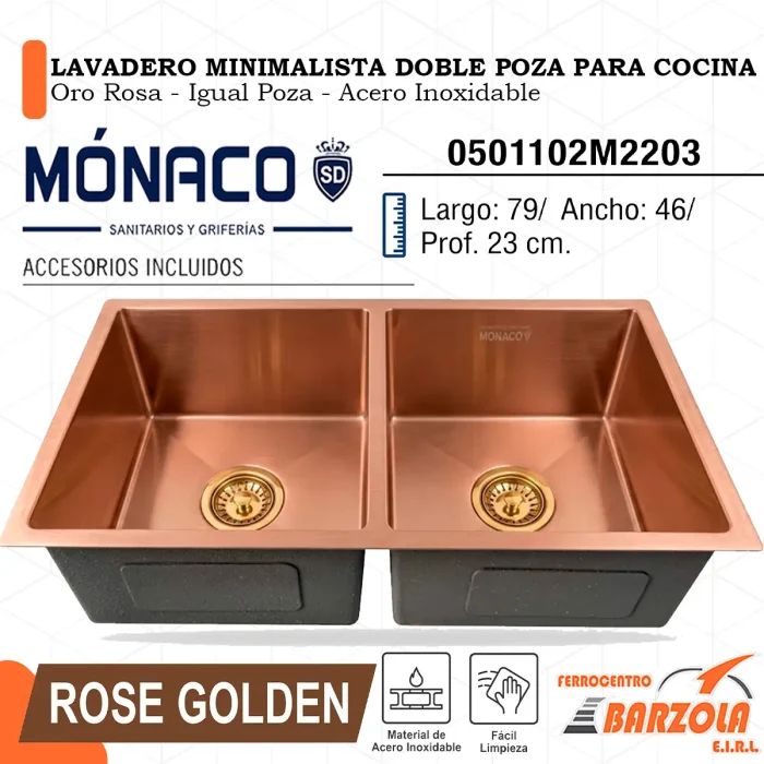Lavadero Minimalista Doble Poza Para Cocina / ROSE GOLDEN / Igual Poza / Acero Inoxidable - MÓNACO