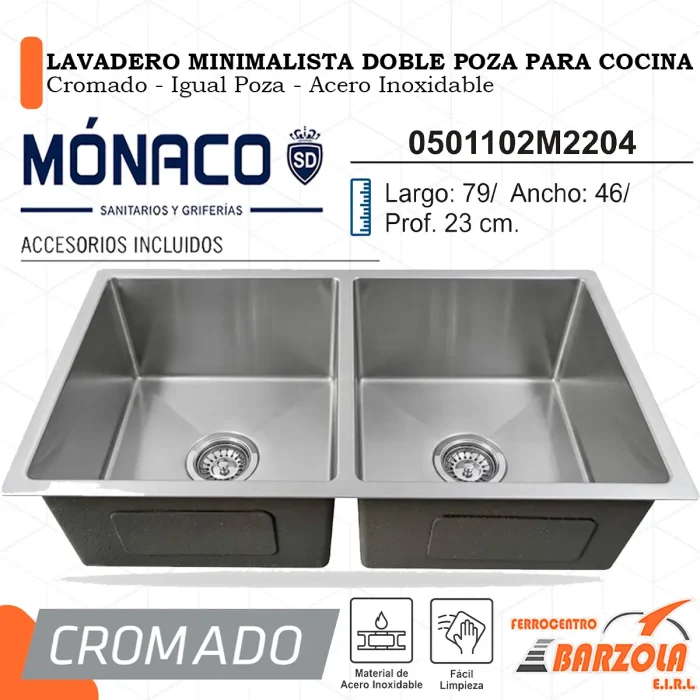 Lavadero Minimalista Doble Poza Para Cocina / CROMADO/ Igual Poza / Acero Inoxidable - MÓNACO