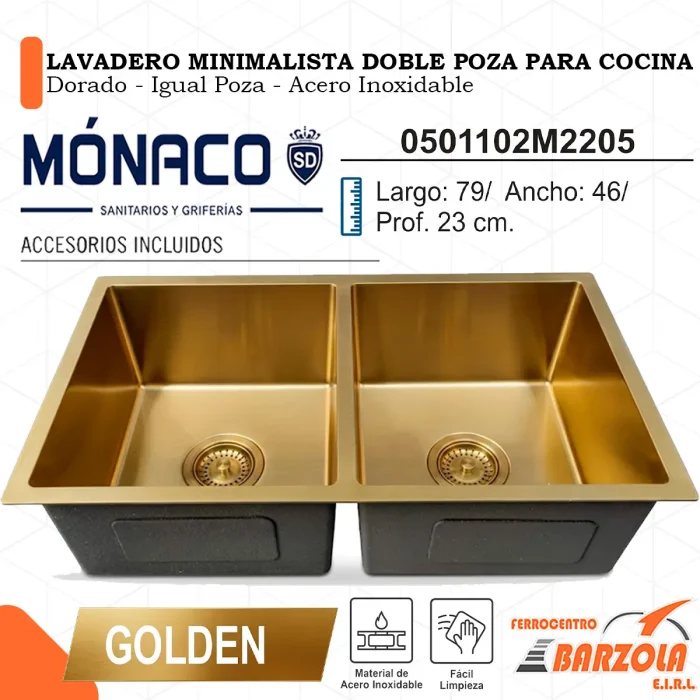 Lavadero Minimalista Doble Poza Para Cocina / GOLDEN / Igual Poza / Acero Inoxidable - MÓNACO