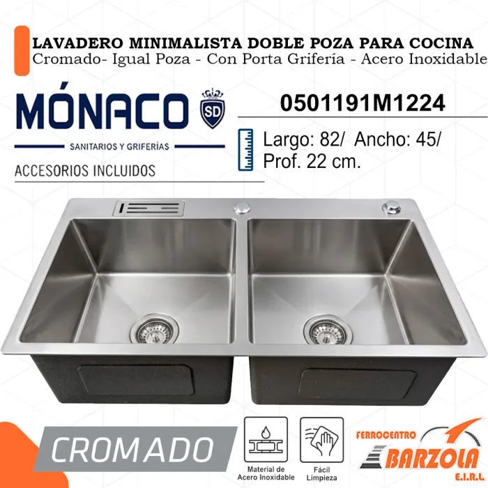 Lavadero Minimalista Doble Poza Para Cocina / CROMADO / Igual Poza / Porta Grifería / Acero Inoxidable - MÓNACO