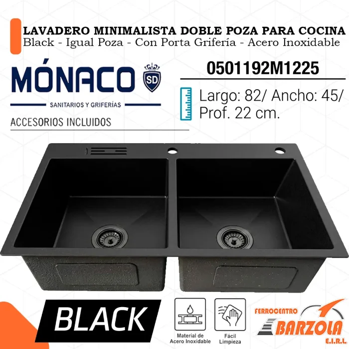 Lavadero Minimalista Doble Poza Para Cocina / BLACK / Igual Poza / Porta Grifería / Acero Inoxidable - MÓNACO
