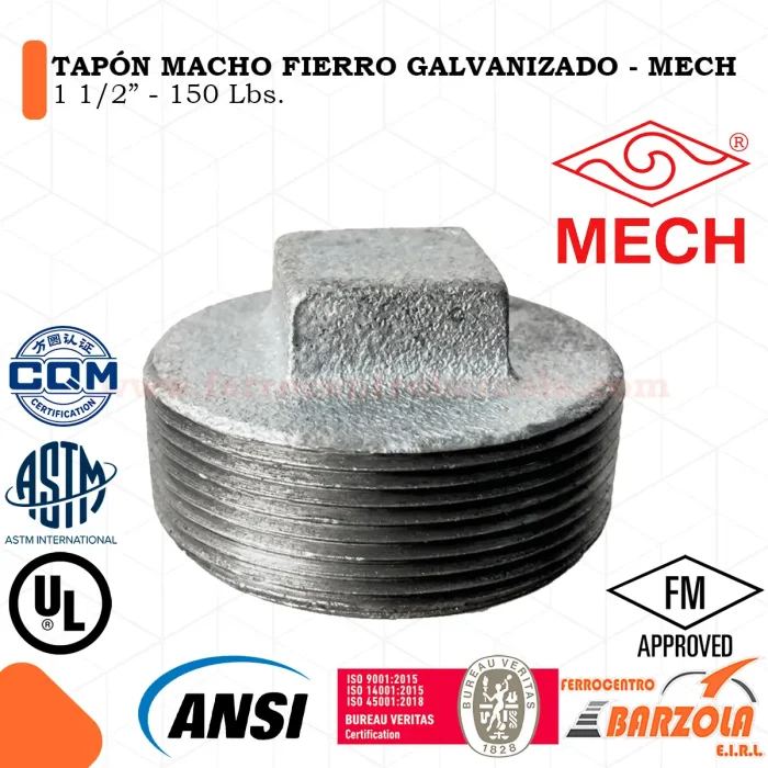 Tapón Macho Fierro Galvanizado 1 1/2″ 150 Libras – MECH