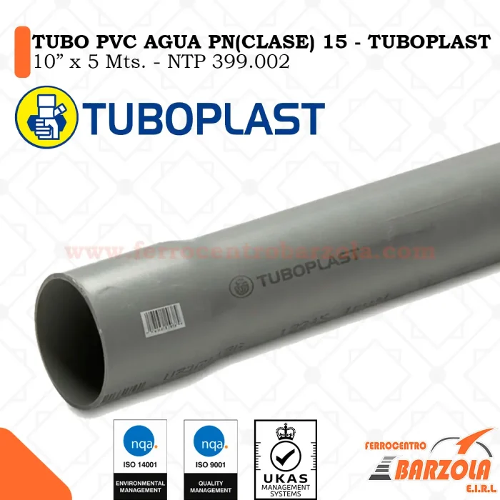 Tubo PVC PN-15 Agua 10" x 5 mts - TUBOPLAST
