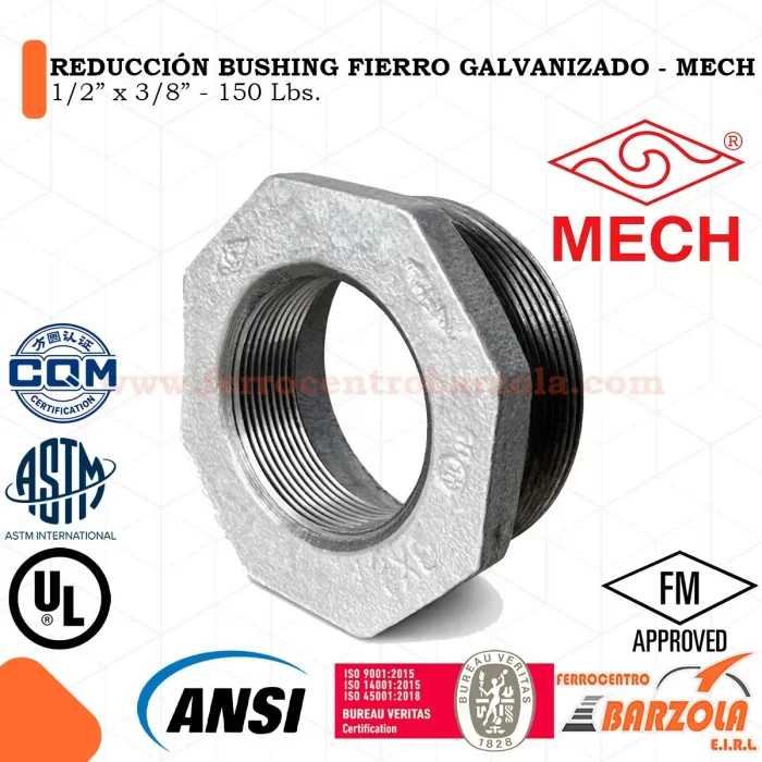 Reducción Bushing Fierro Galvanizado 1/2" x 3/8" 150 libras - MECH