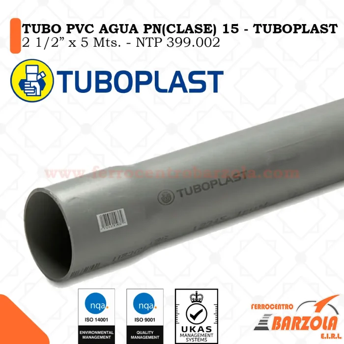 Tubo PVC PN-15 Agua 2 1/2" x 5 mts - TUBOPLAST
