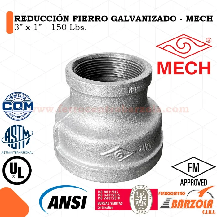 Reducción Fierro Galvanizado 3" x 1" 150 libras - MECH