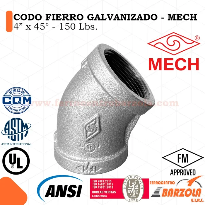 Codo Fierro Galvanizado 4" x 45° 150 libras - MECH