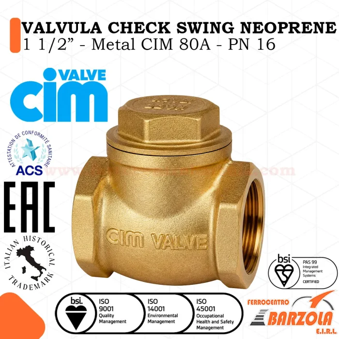 Válvula CHECK Swing NEOPRENE 1 1/2" - Metal CIM 80A - PN 16 - CIM VALVE