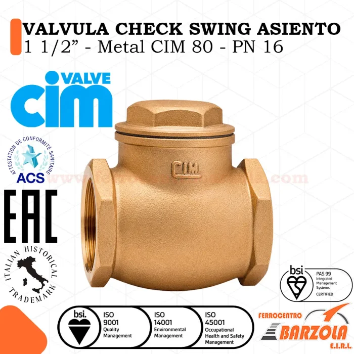 Válvula CHECK Swing Asiento 1 1/2" - Metal CIM 80 - PN 16 - CIM VALVE