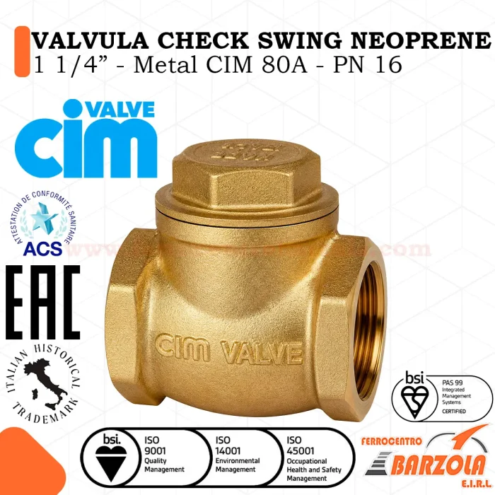 Válvula CHECK Swing NEOPRENE 1 1/4" - Metal CIM 80A - PN 16 - CIM VALVE