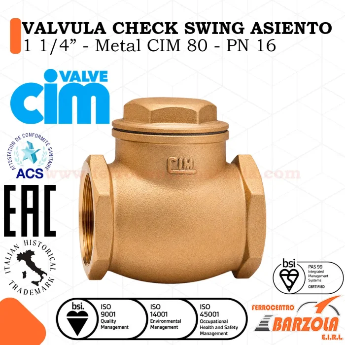Válvula CHECK Swing Asiento 1 1/4" - Metal CIM 80 - PN 16 - CIM VALVE