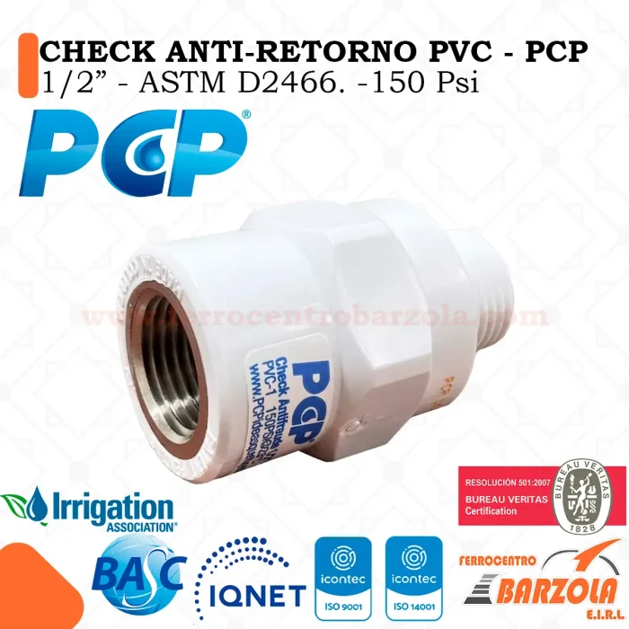 Válvula CHECK Anti-Retorno PVC 1/2" - 150 PSI - PCP