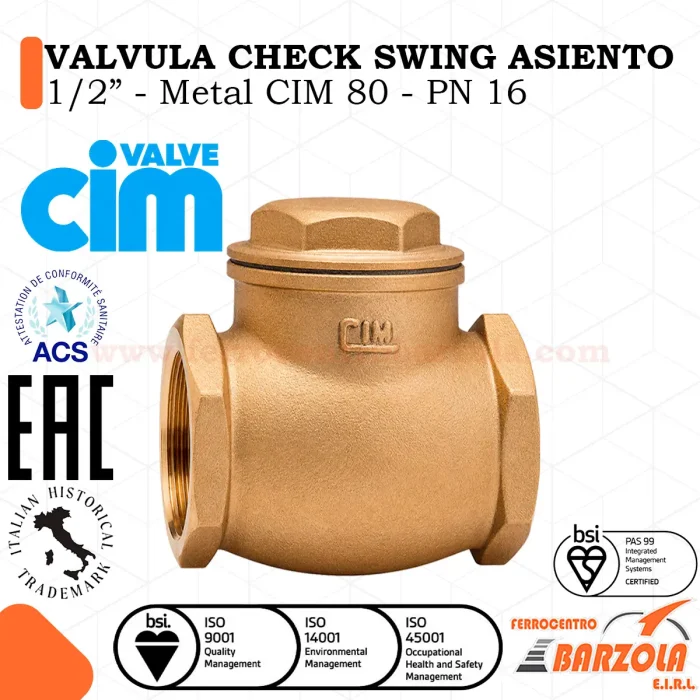 Válvula CHECK Swing Asiento 1/2" - Metal CIM 80 - PN 16 - CIM VALVE