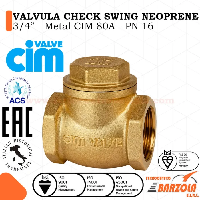 Válvula CHECK Swing NEOPRENE 3/4" - Metal CIM 80A - PN 16 - CIM VALVE