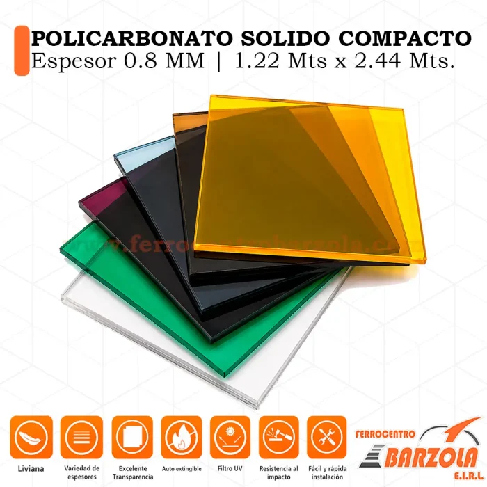 Policarbonato Solido Compacto Espesor 0.8mm / 1.22mts x 2.44mts