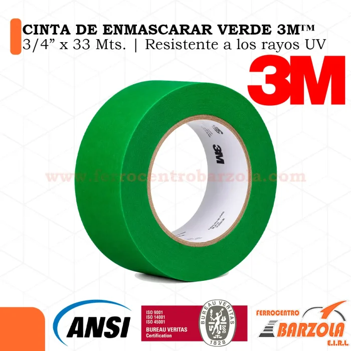 Cinta De Enmascarar Verde 3M 3/4" x 33mts / Resistente a los rayos UV - 3M